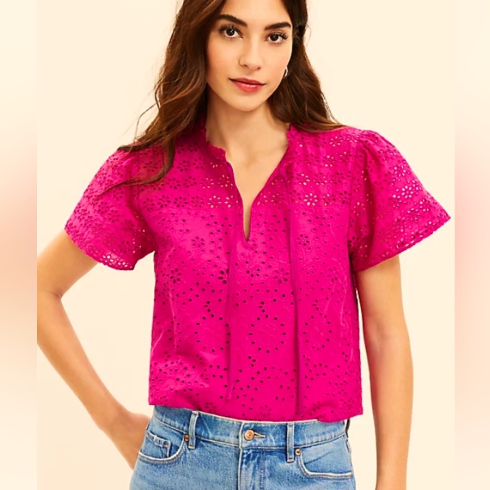 LOFT Eyelet Ruffle Neck Tie Shirt